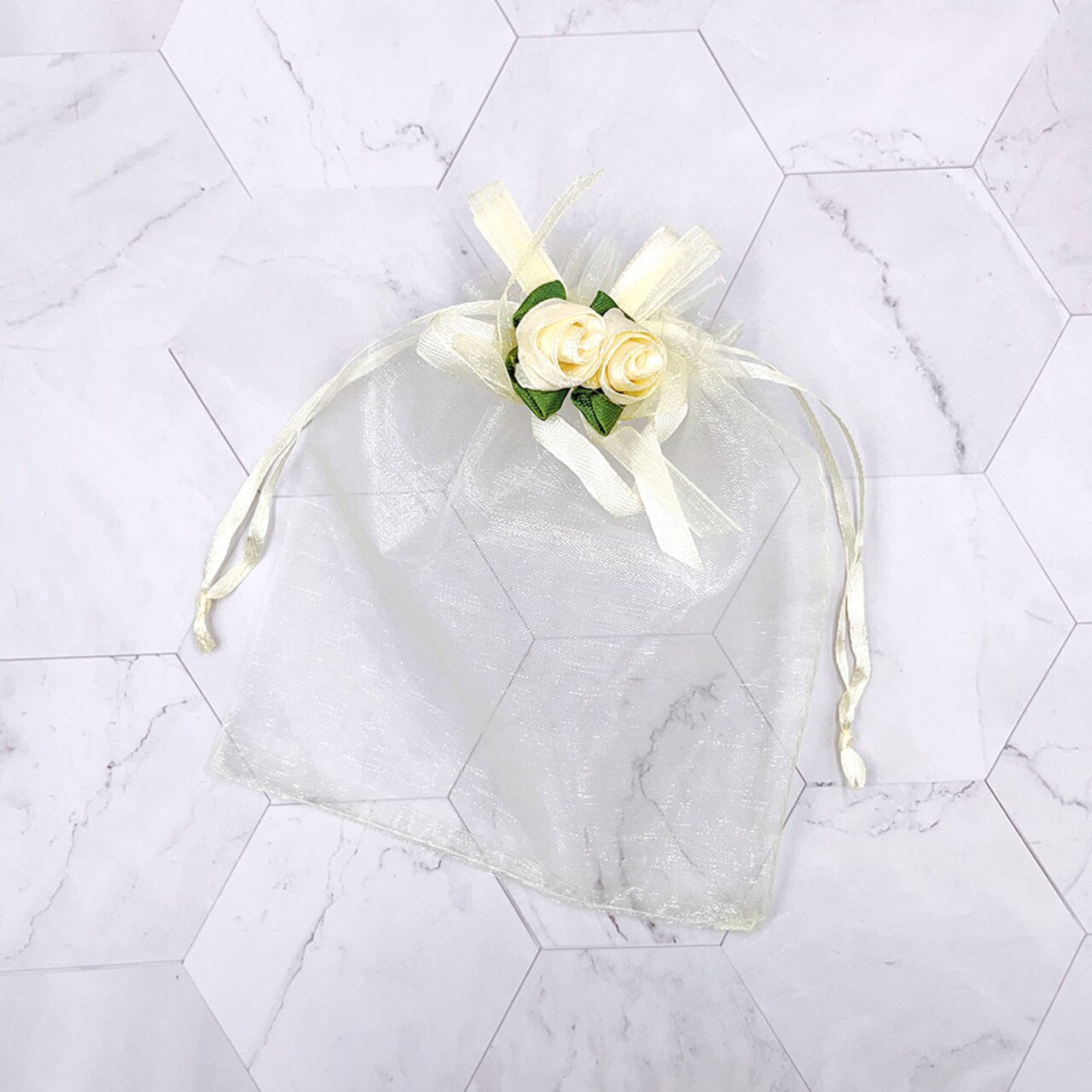 Designer’s Shop OB-7005 Organza sheer Ivory bags with Rose Drawstring bags 5” x 7” packed of 10 bags.
